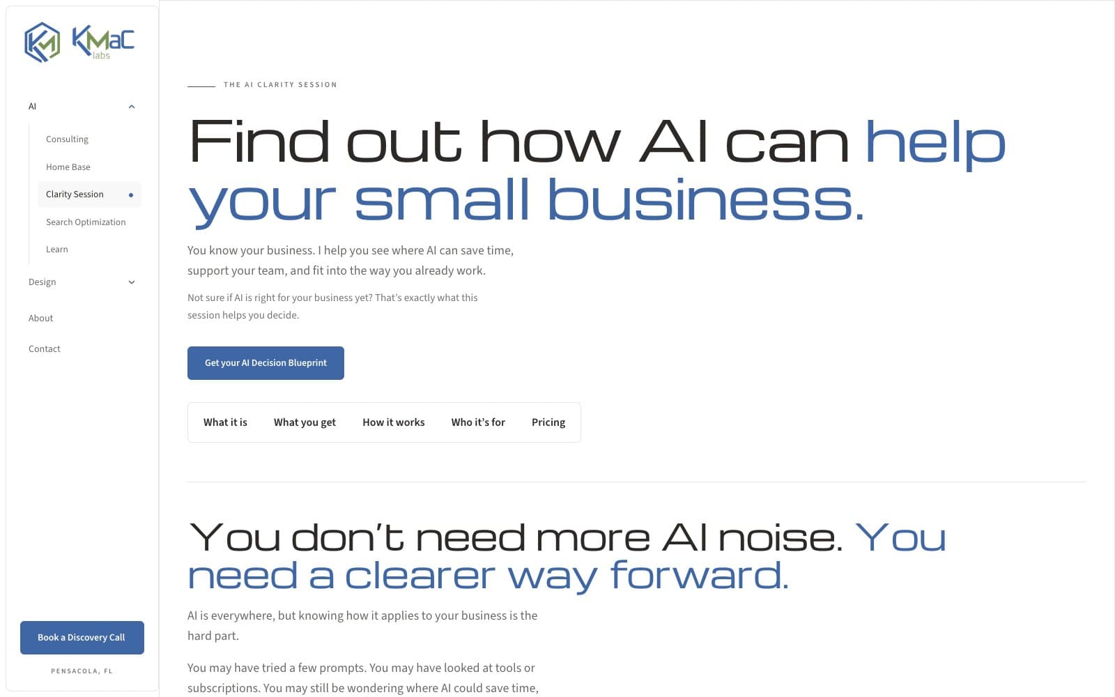 AI Clarity Session page, version 1, with the side rail open to the AI services