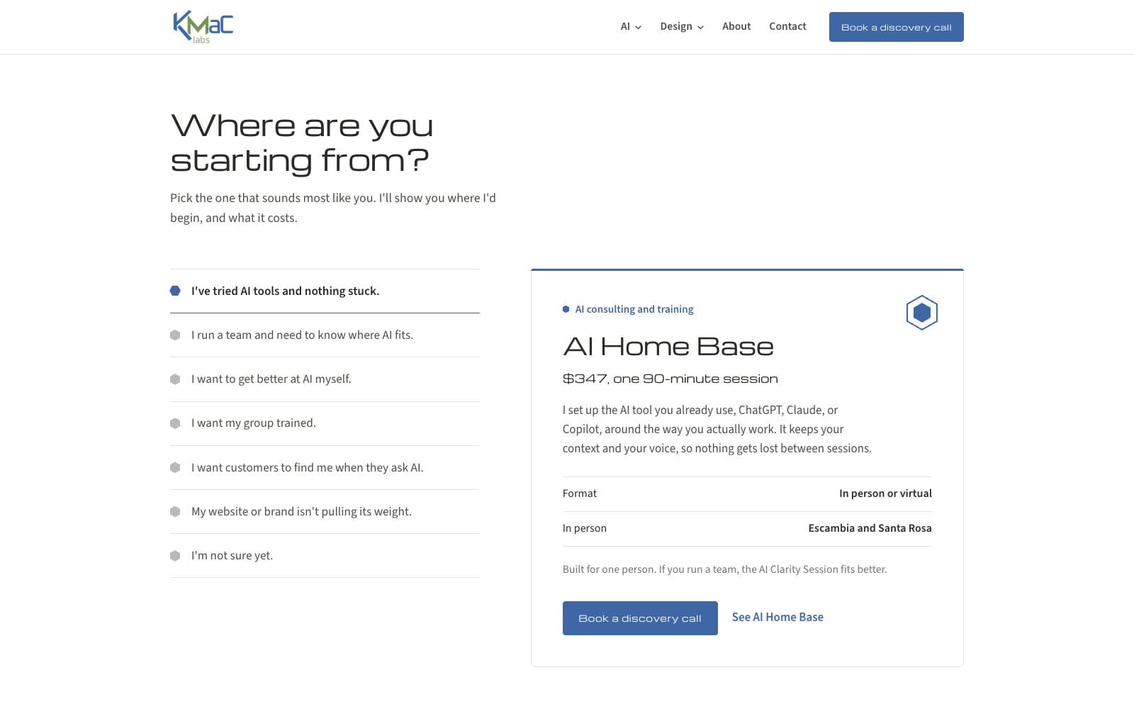 KMaC labs homepage chooser, version 2, showing AI Home Base and its price