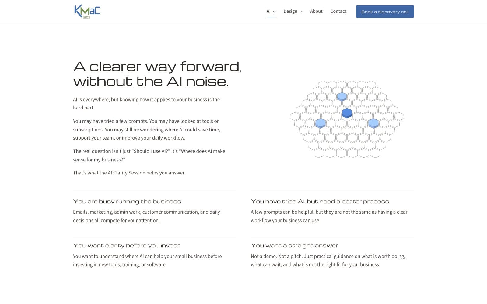 AI Clarity Session page, version 2, with the honeycomb docked beside a heading